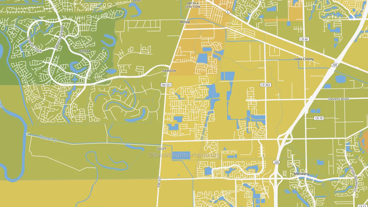 Map of the best neighborhoods in the Juliff area, with better matches in green and worse matches in red