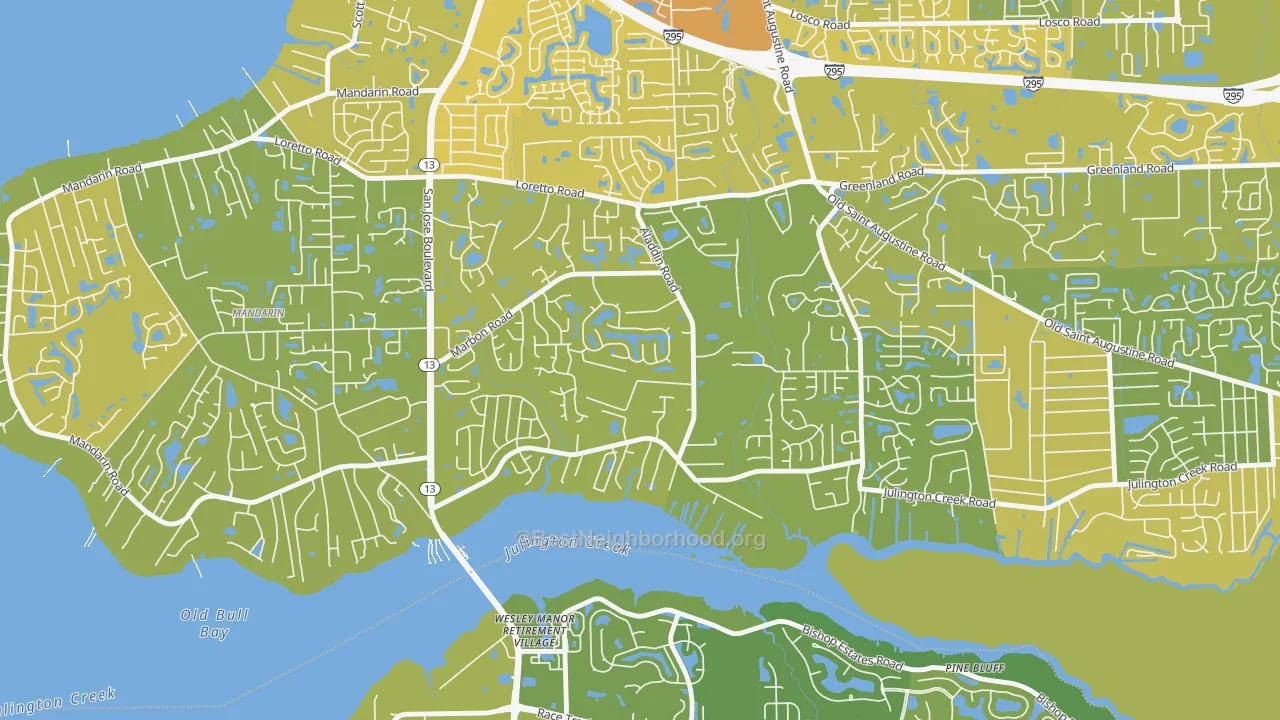 Map of the best neighborhoods in the Julington Creek, Jacksonville area, with better matches in green and worse matches in red