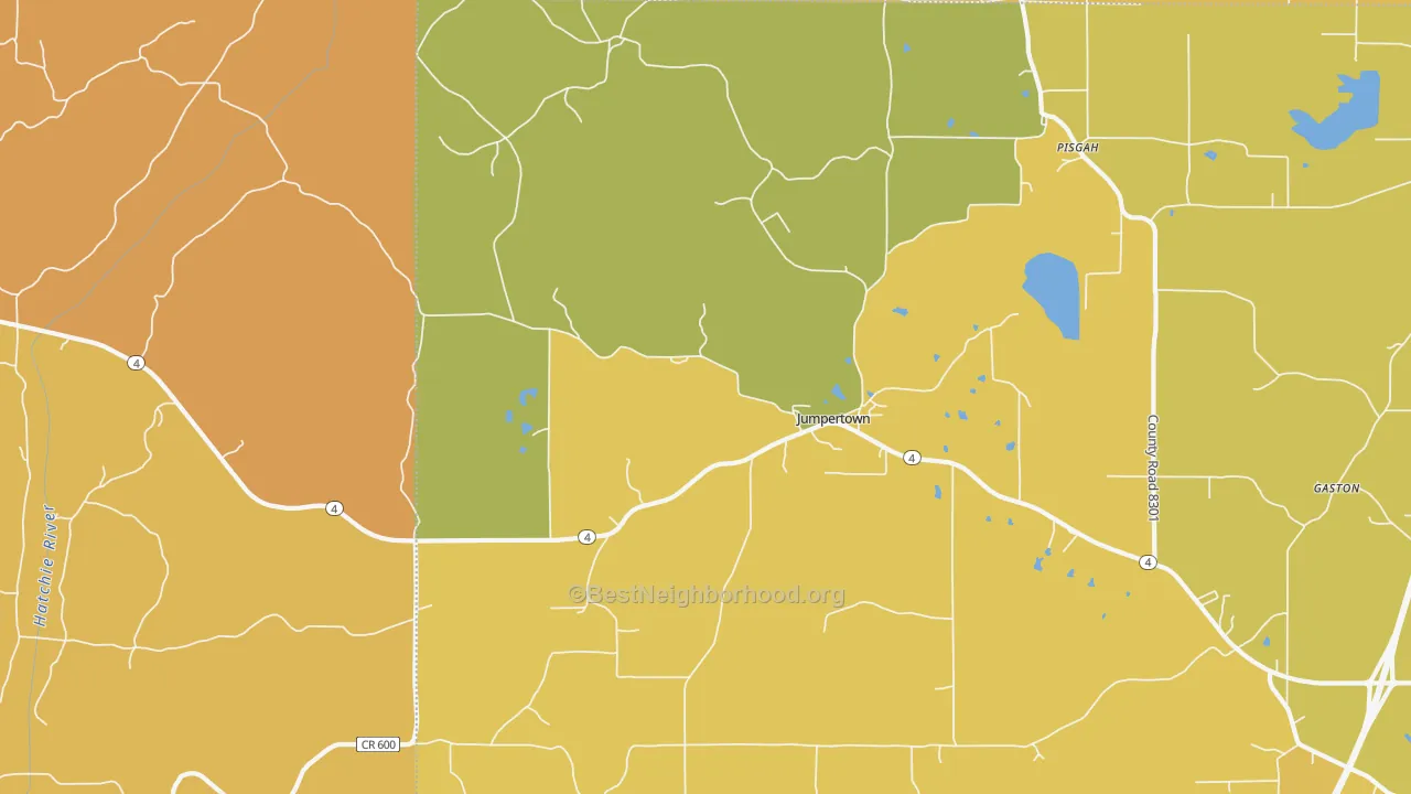 Map of the best neighborhoods in the Jumpertown area, with better matches in green and worse matches in red
