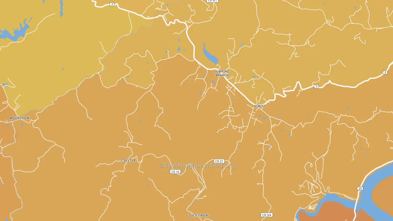 Map of the best neighborhoods in the Jumping Branch area, with better matches in green and worse matches in red