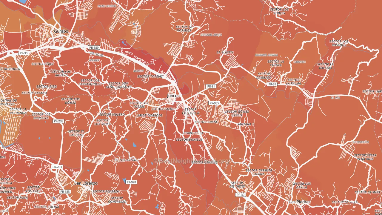 Map of the best neighborhoods in the Juncos Municipio area, with better matches in green and worse matches in red
