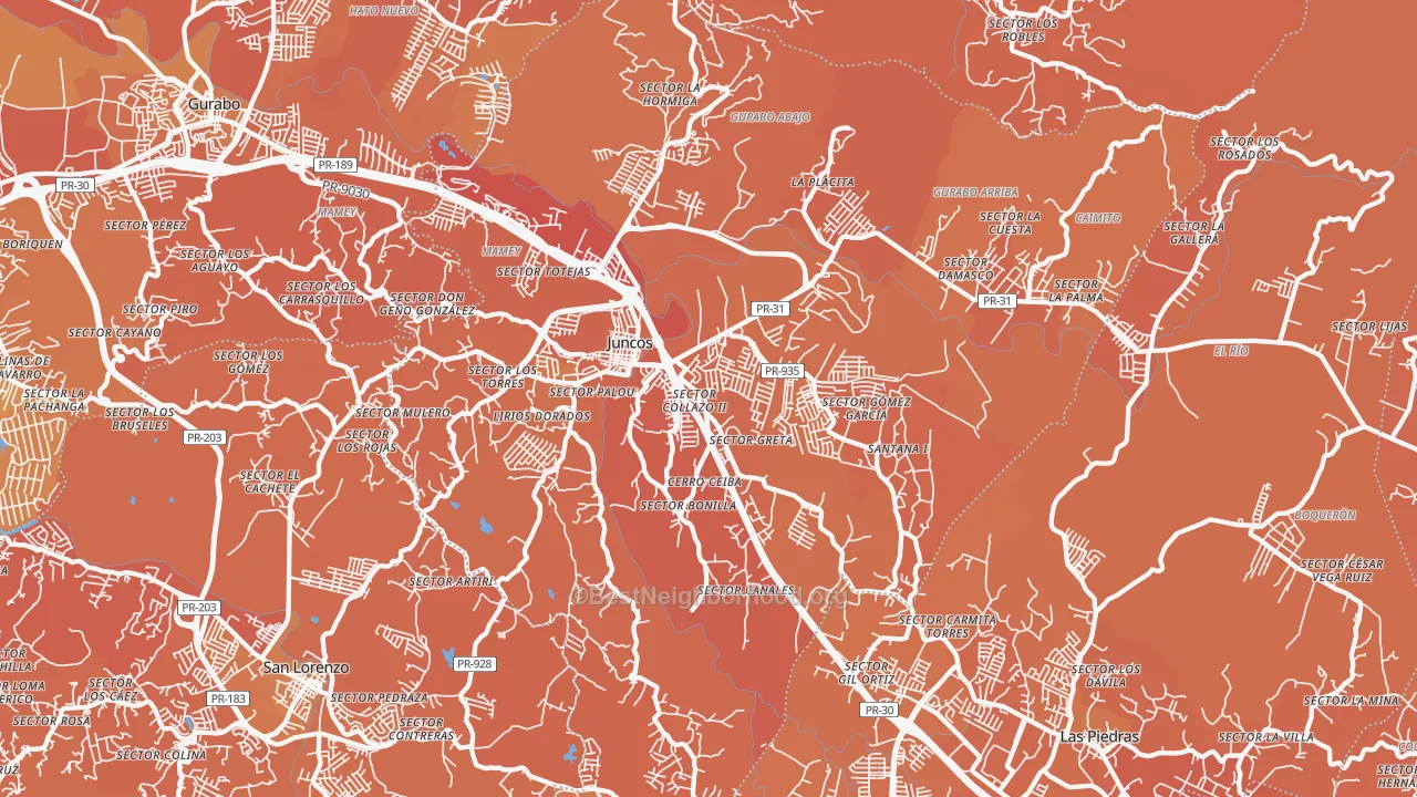 Map of the best neighborhoods in the Juncos area, with better matches in green and worse matches in red