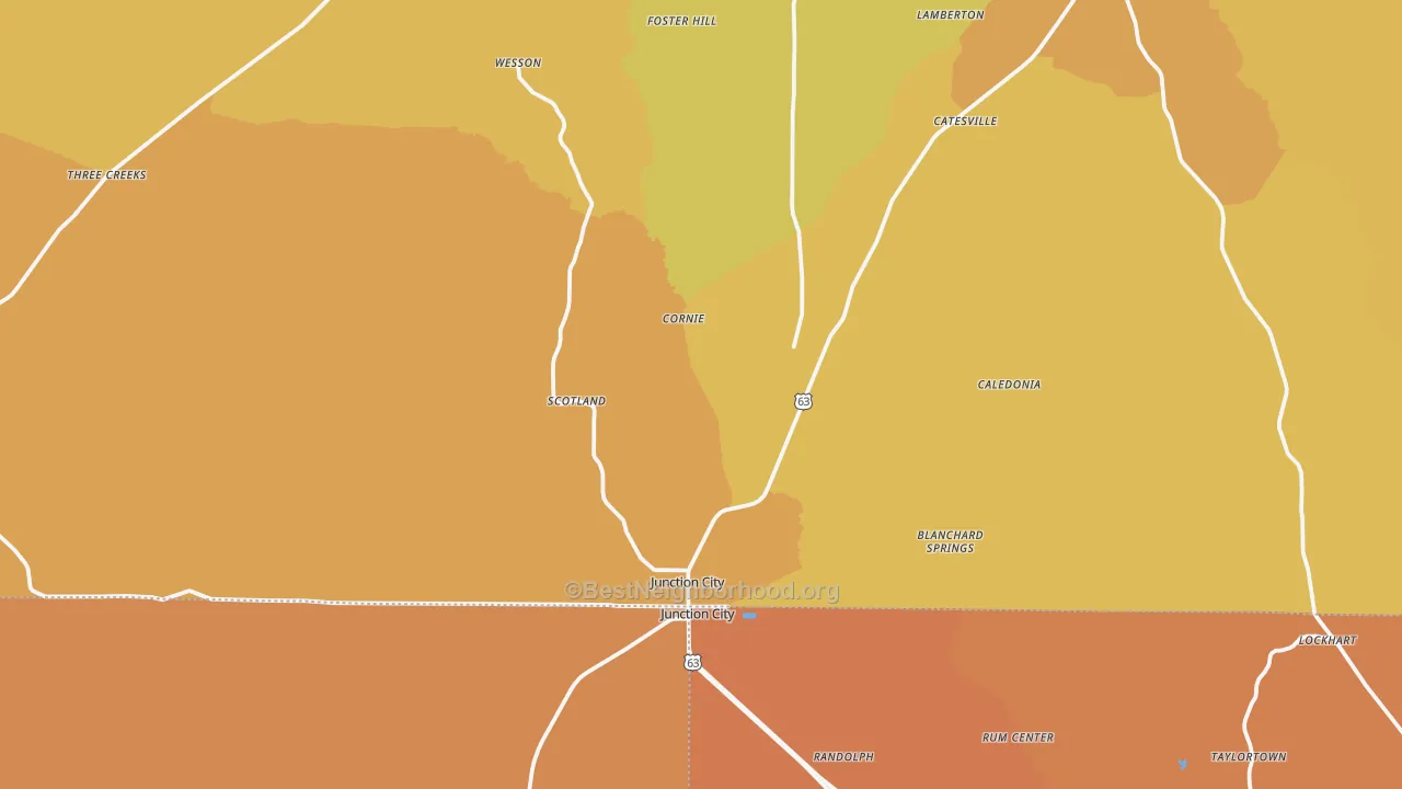 Map of the best neighborhoods in the Junction City area, with better matches in green and worse matches in red
