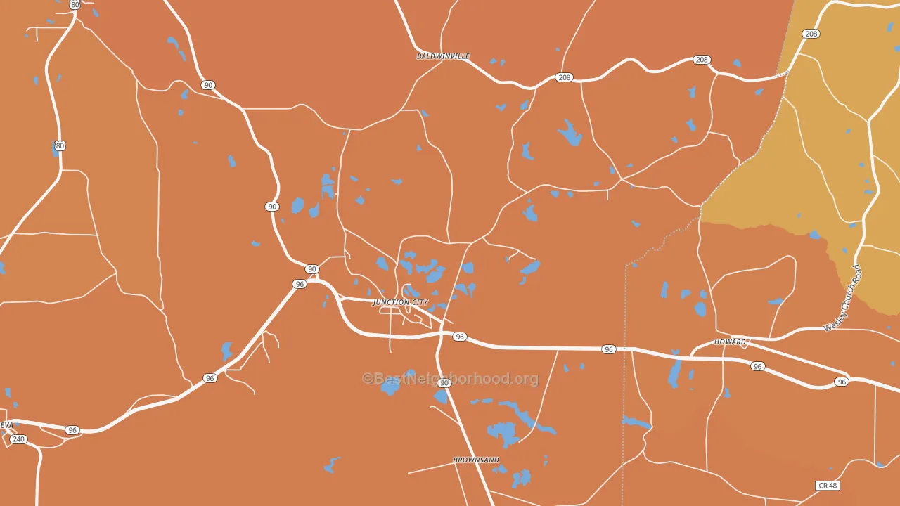 Map of the best neighborhoods in the Junction City area, with better matches in green and worse matches in red