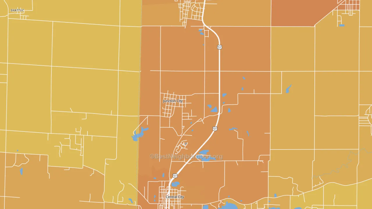 Map of the best neighborhoods in the Junction City area, with better matches in green and worse matches in red