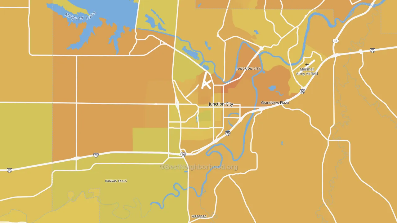 Map of the best neighborhoods in the Junction City area, with better matches in green and worse matches in red