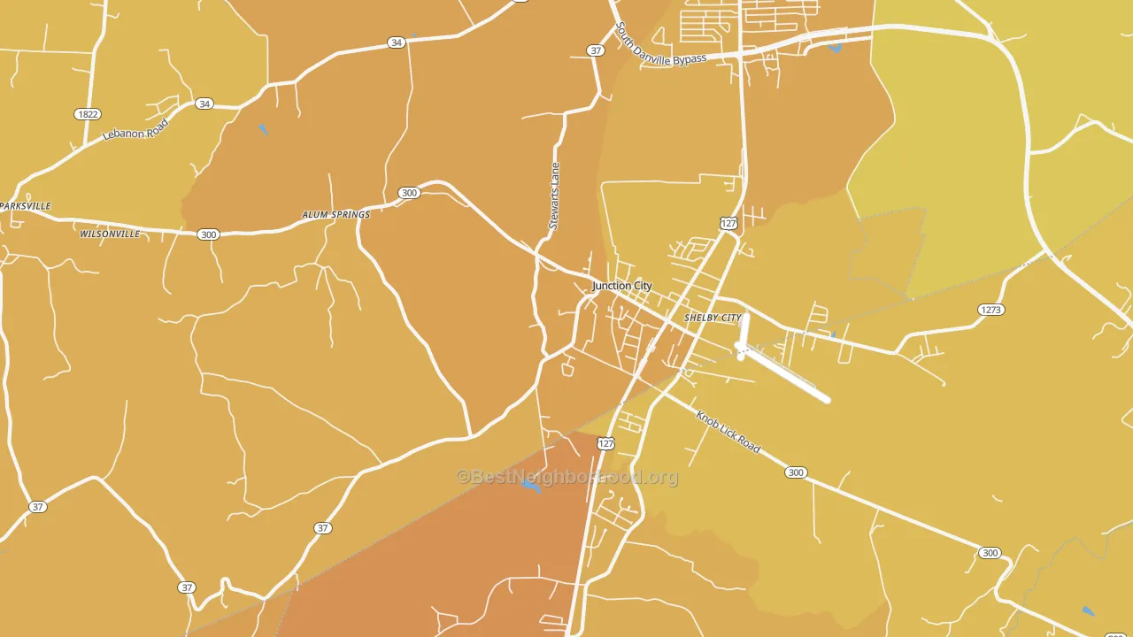 Map of the best neighborhoods in the Junction City area, with better matches in green and worse matches in red
