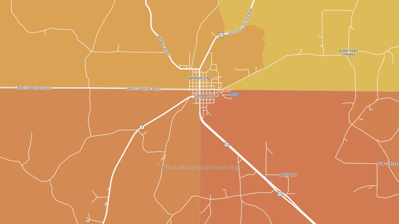 Map of the best neighborhoods in the Junction City area, with better matches in green and worse matches in red