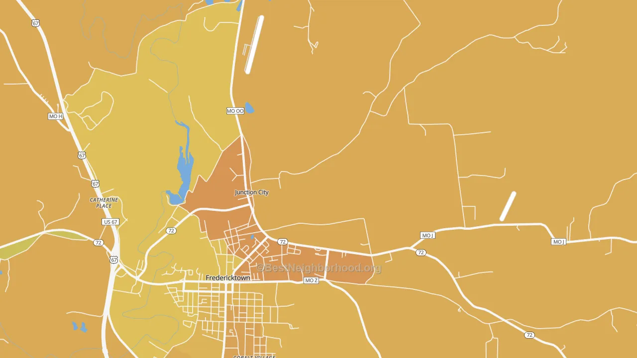 Map of the best neighborhoods in the Junction City area, with better matches in green and worse matches in red