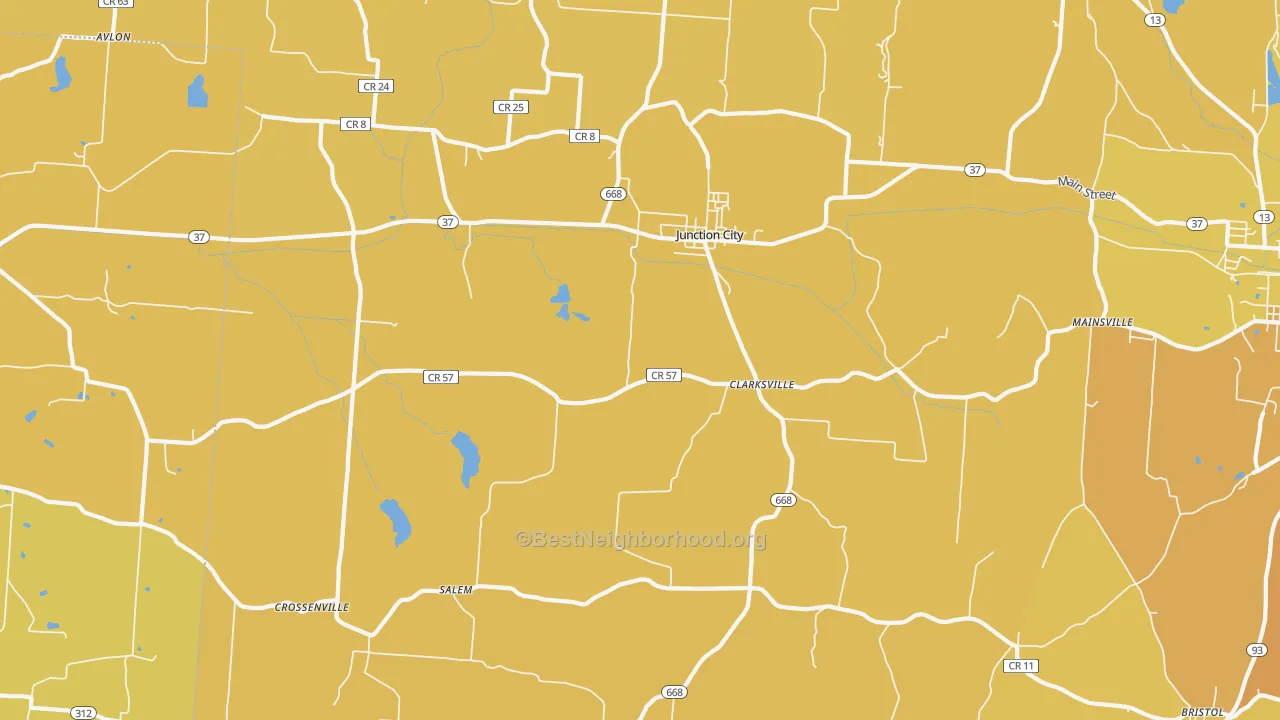 Map of the best neighborhoods in the Junction City area, with better matches in green and worse matches in red