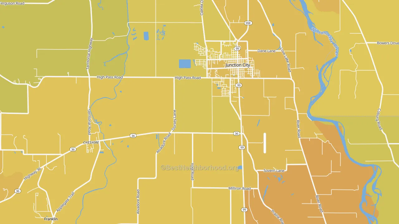 Map of the best neighborhoods in the Junction City area, with better matches in green and worse matches in red