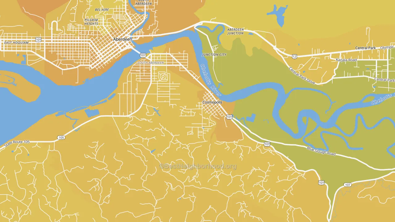 Map of the best neighborhoods in the Junction City area, with better matches in green and worse matches in red