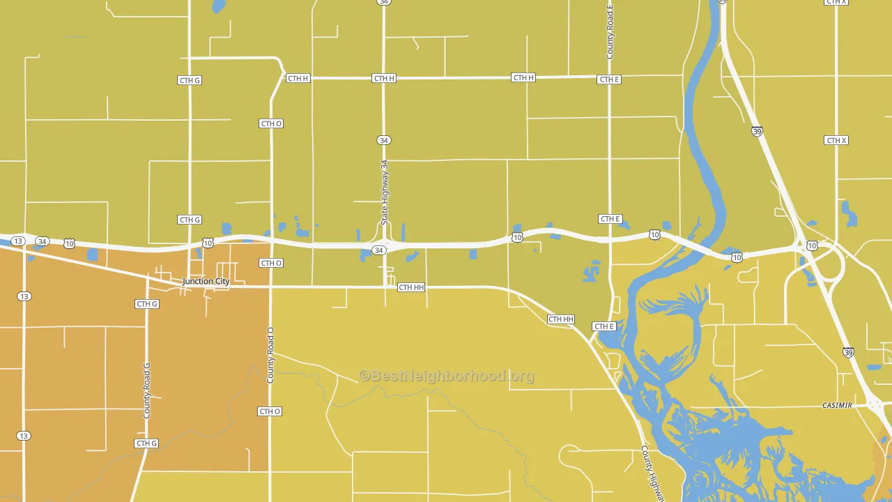 Map of the best neighborhoods in the Junction City area, with better matches in green and worse matches in red