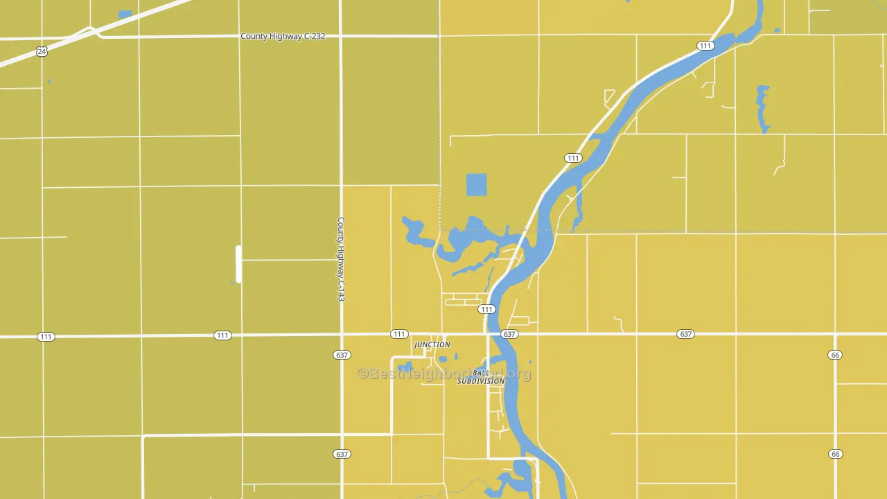 Map of the best neighborhoods in the Junction area, with better matches in green and worse matches in red