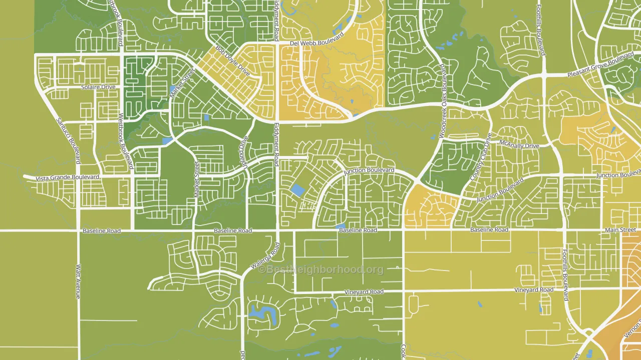 Map of the best neighborhoods in the Junction West, Roseville area, with better matches in green and worse matches in red