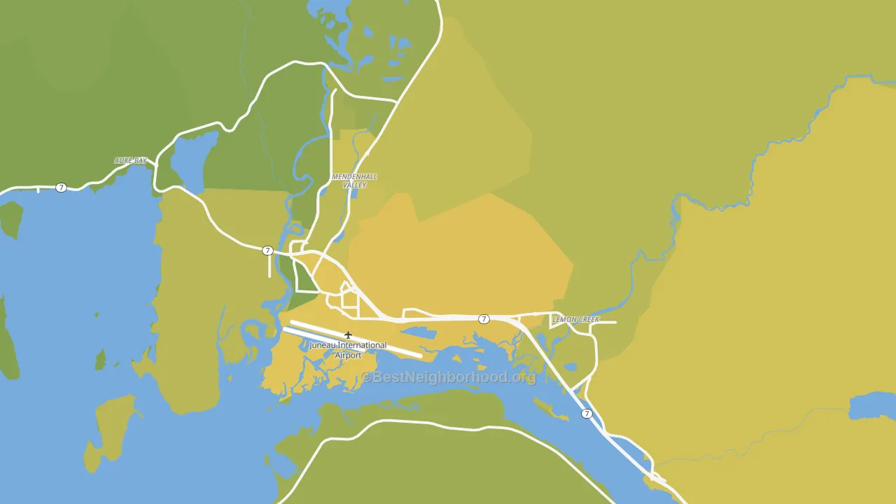 Map of the best neighborhoods in the Juneau area, with better matches in green and worse matches in red