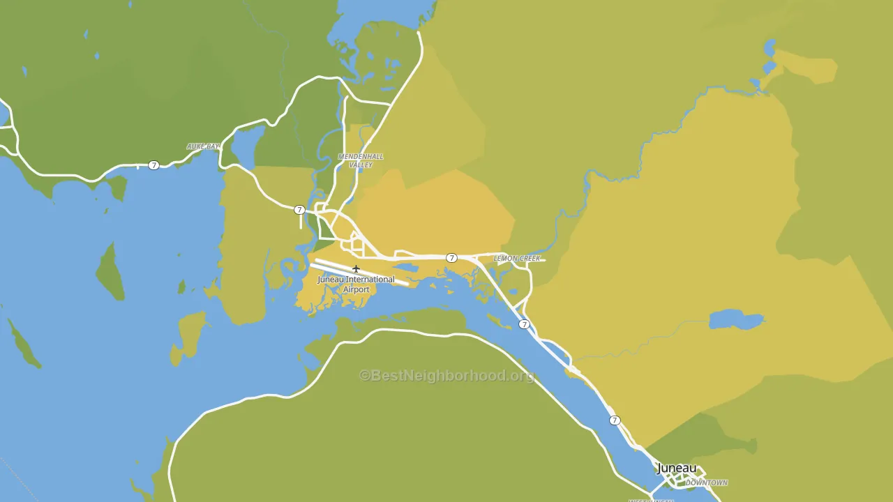Map of the best neighborhoods in the Juneau City and Borough area, with better matches in green and worse matches in red