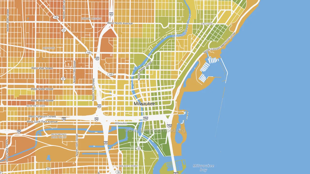 Map of the best neighborhoods in the Juneau Town, Milwaukee area, with better matches in green and worse matches in red