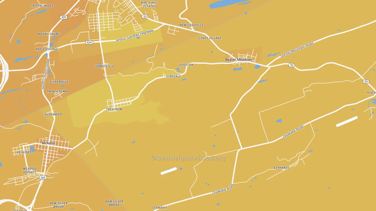 Map of the best neighborhoods in the Junedale area, with better matches in green and worse matches in red