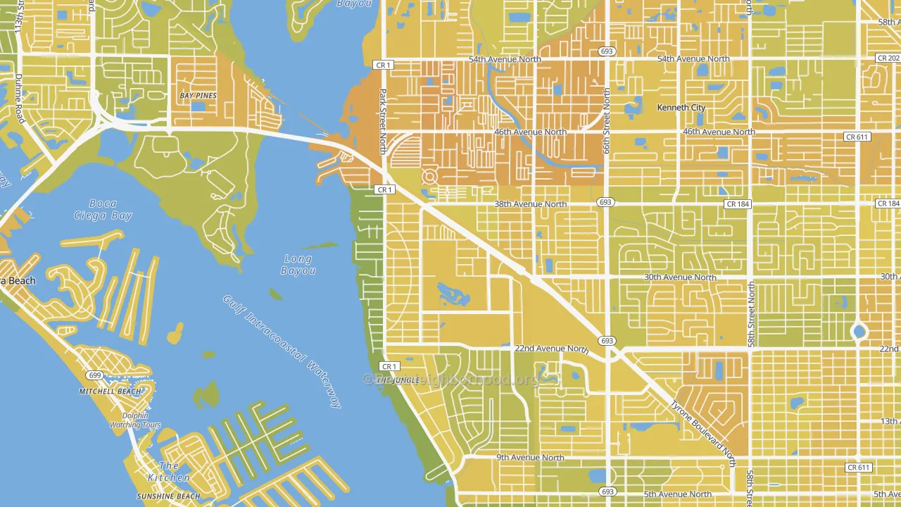 Map of the best neighborhoods in the Jungle Terrace, St. Petersburg area, with better matches in green and worse matches in red