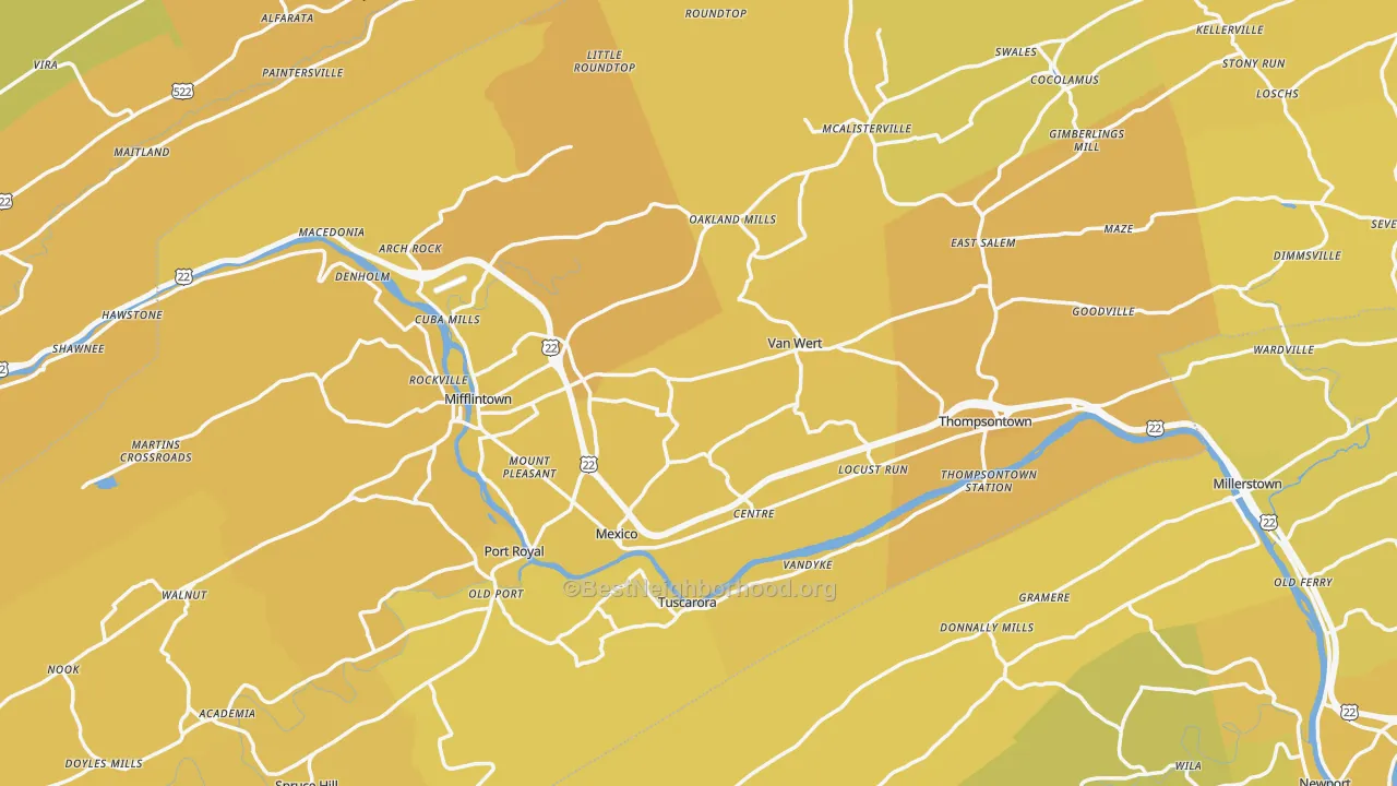 Map of the best neighborhoods in the Juniata County area, with better matches in green and worse matches in red