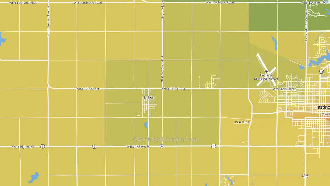 Map of the best neighborhoods in the Juniata area, with better matches in green and worse matches in red