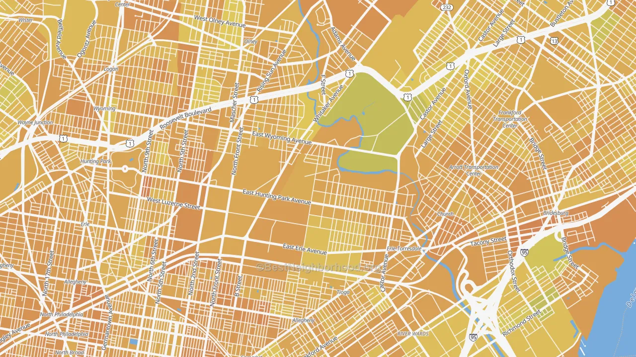Map of the best neighborhoods in the Juniata Park-Feltonville, Philadelphia area, with better matches in green and worse matches in red
