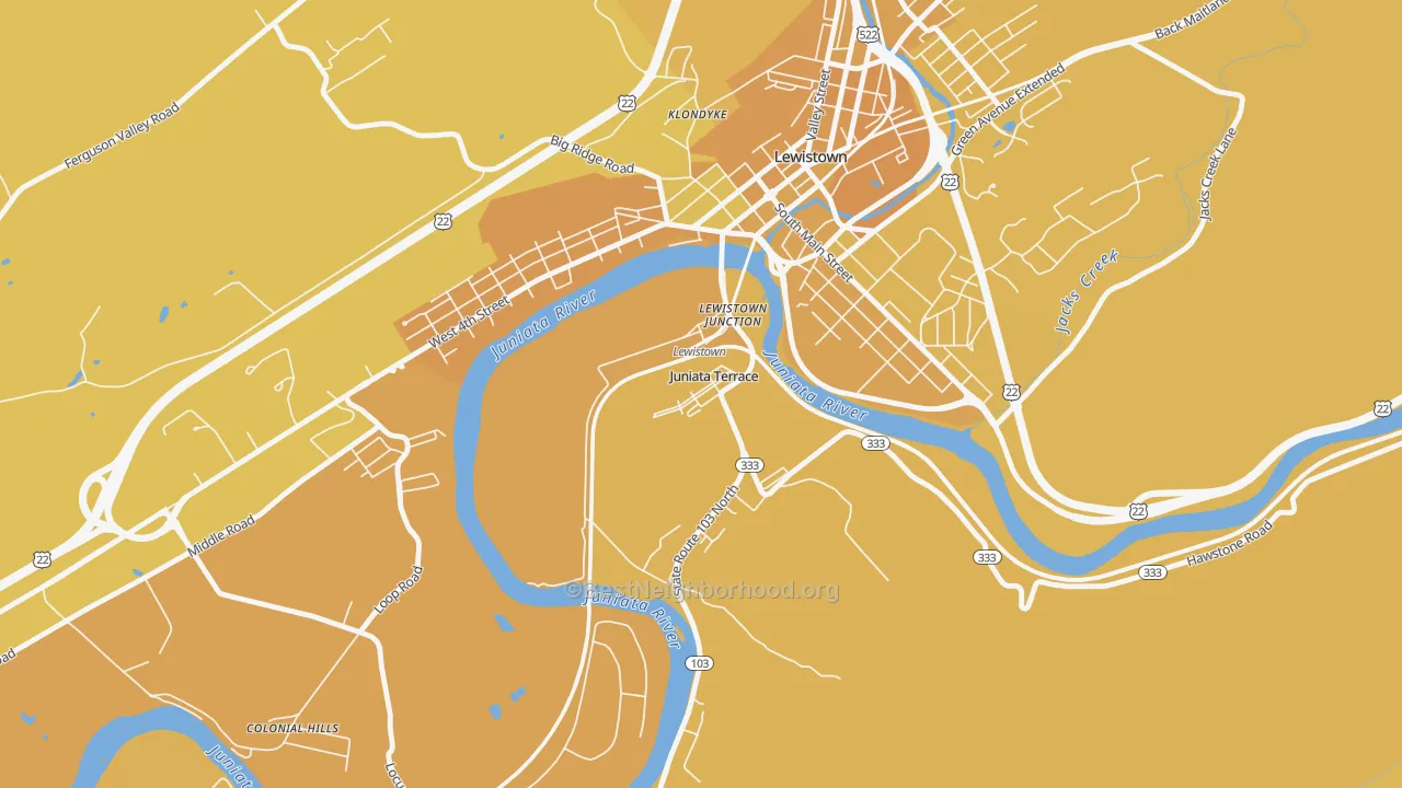 Map of the best neighborhoods in the Juniata Terrace area, with better matches in green and worse matches in red