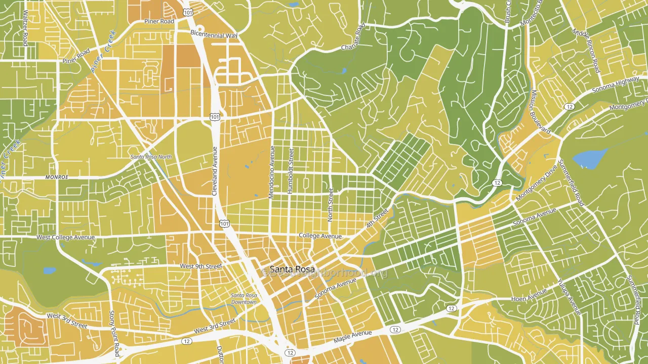 Map of the best neighborhoods in the Junior College Neighborhood Assc., Santa Rosa area, with better matches in green and worse matches in red