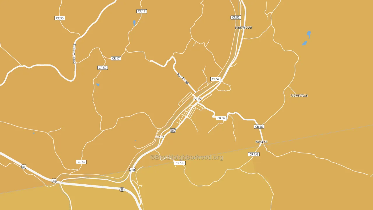 Map of the best neighborhoods in the Junior area, with better matches in green and worse matches in red