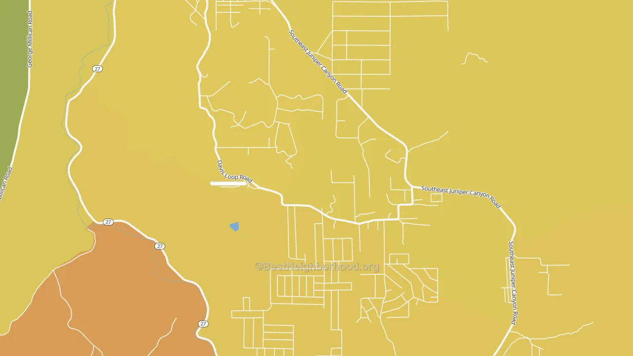 Map of the best neighborhoods in the Juniper Canyon, Prineville area, with better matches in green and worse matches in red