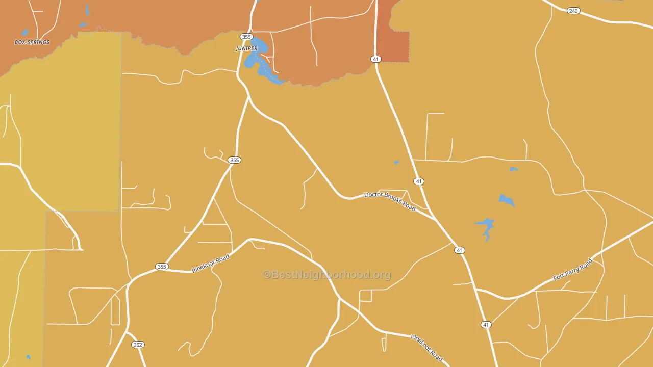 Map of the best neighborhoods in the Juniper area, with better matches in green and worse matches in red
