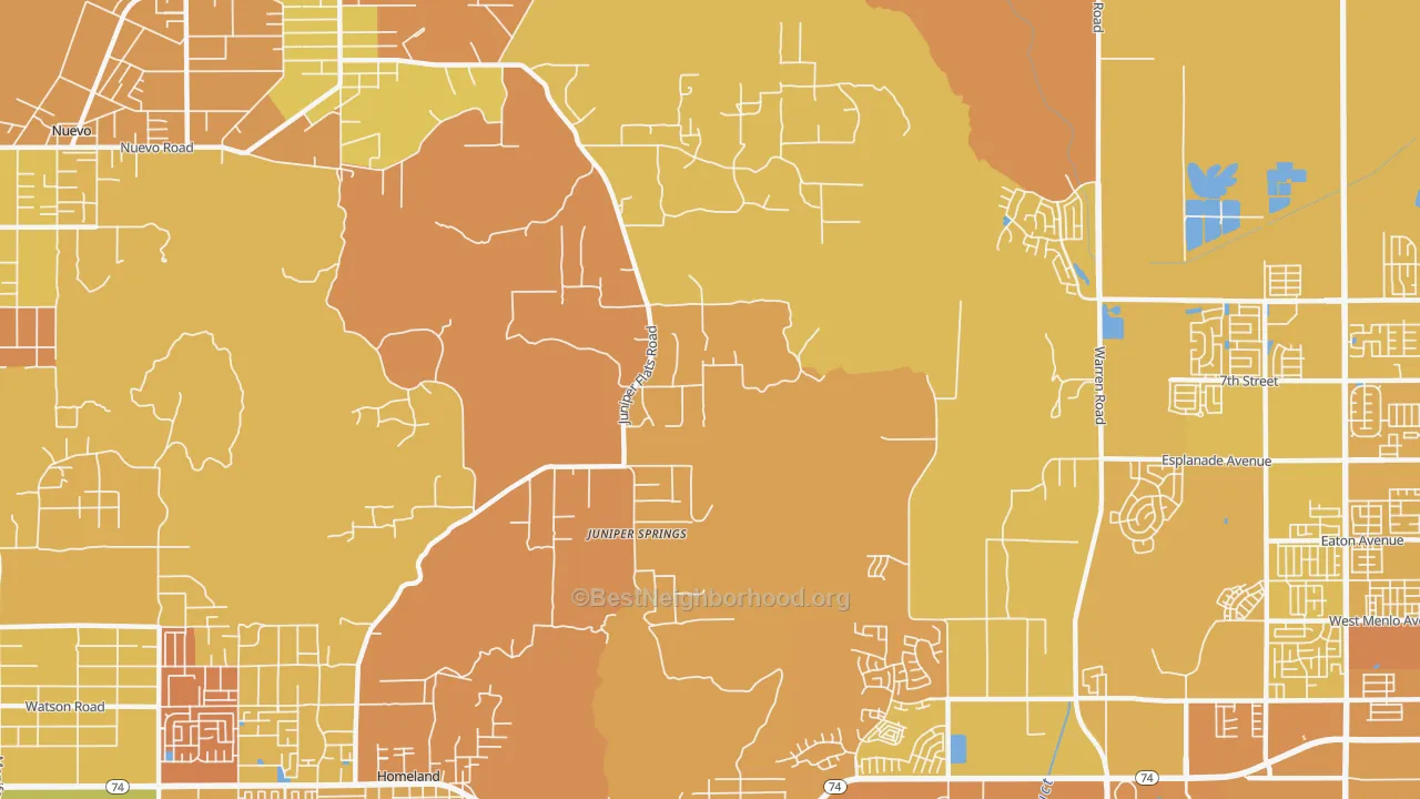 Map of the best neighborhoods in the Juniper Springs area, with better matches in green and worse matches in red