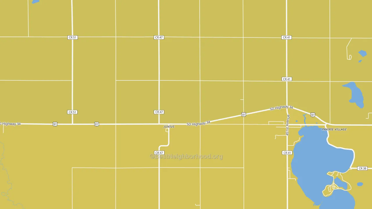 Map of the best neighborhoods in the Junius area, with better matches in green and worse matches in red