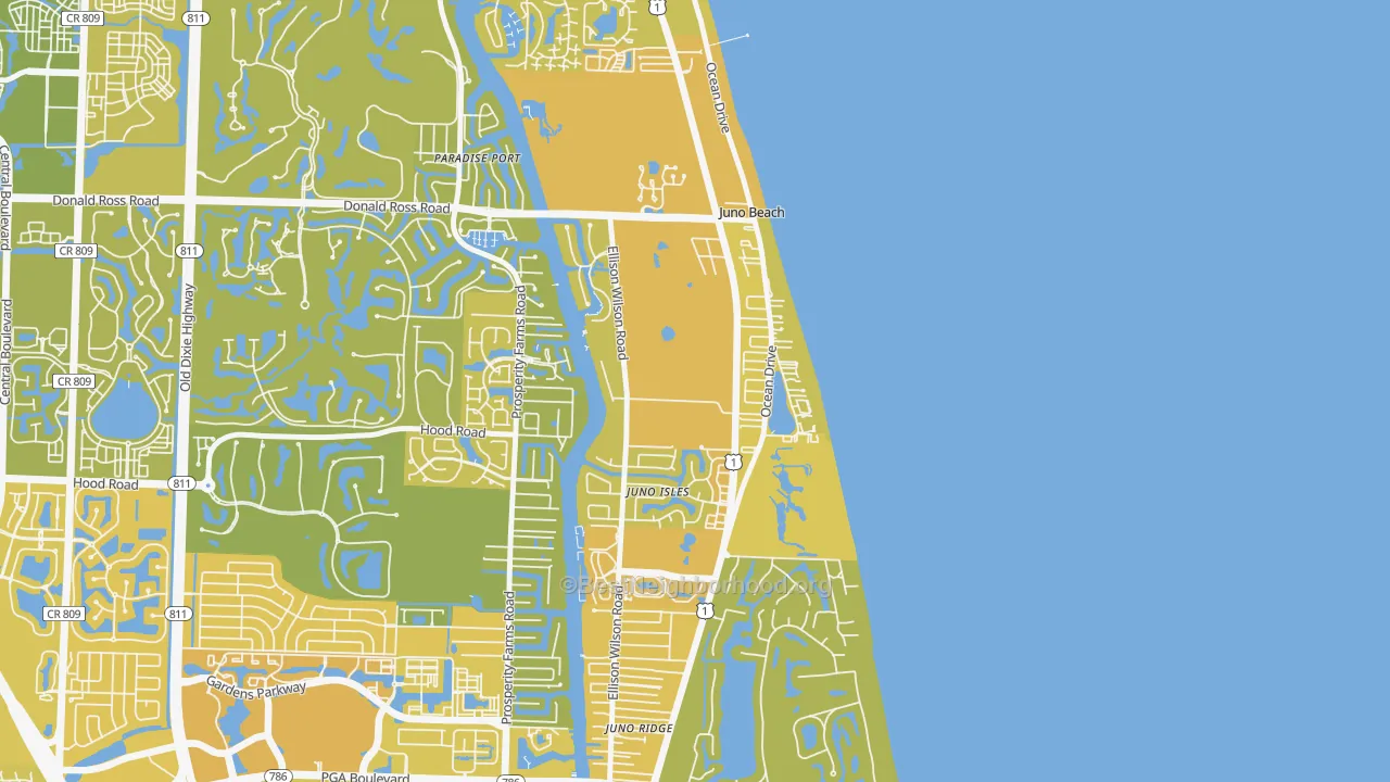 Map of the best neighborhoods in the Juno Beach area, with better matches in green and worse matches in red