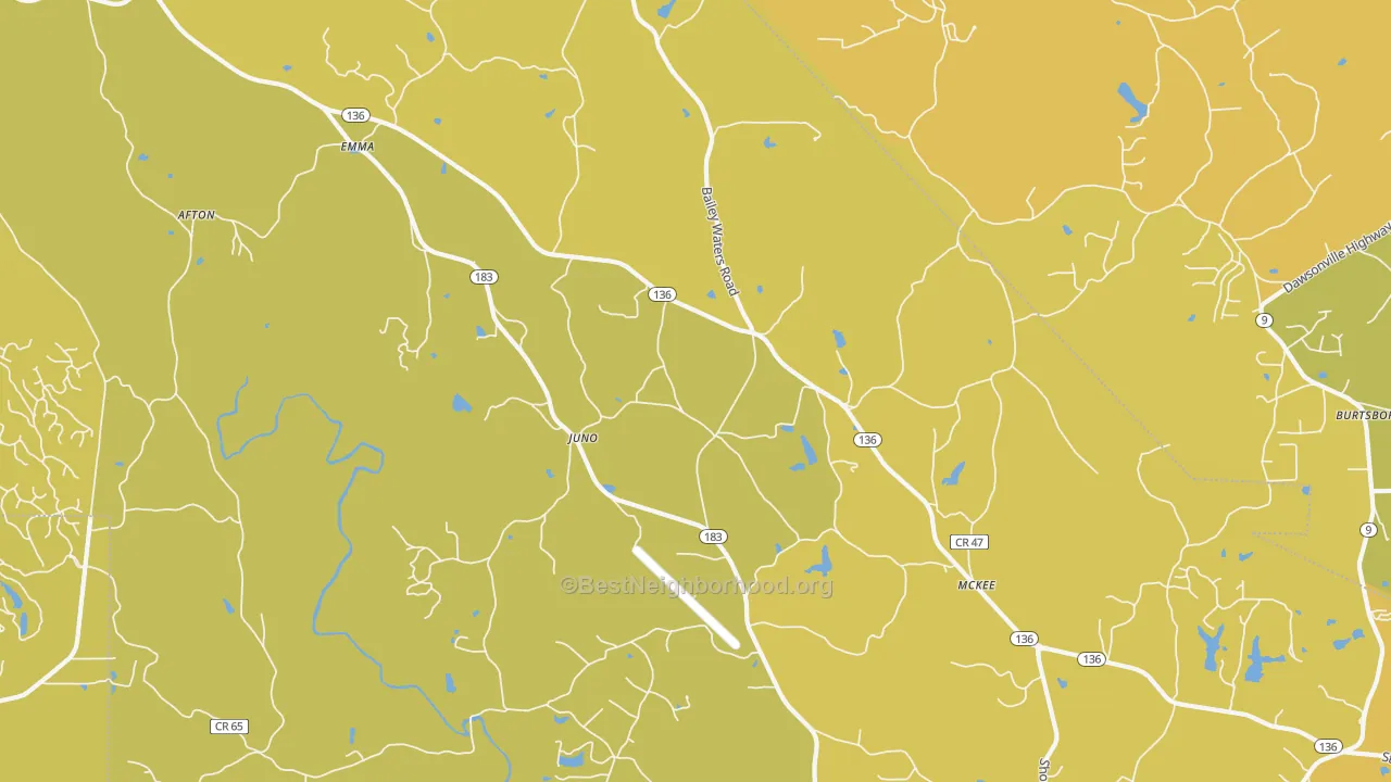 Map of the best neighborhoods in the Juno area, with better matches in green and worse matches in red