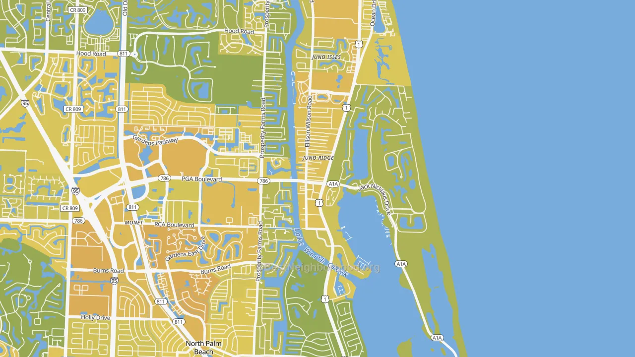 Map of the best neighborhoods in the Juno Ridge area, with better matches in green and worse matches in red
