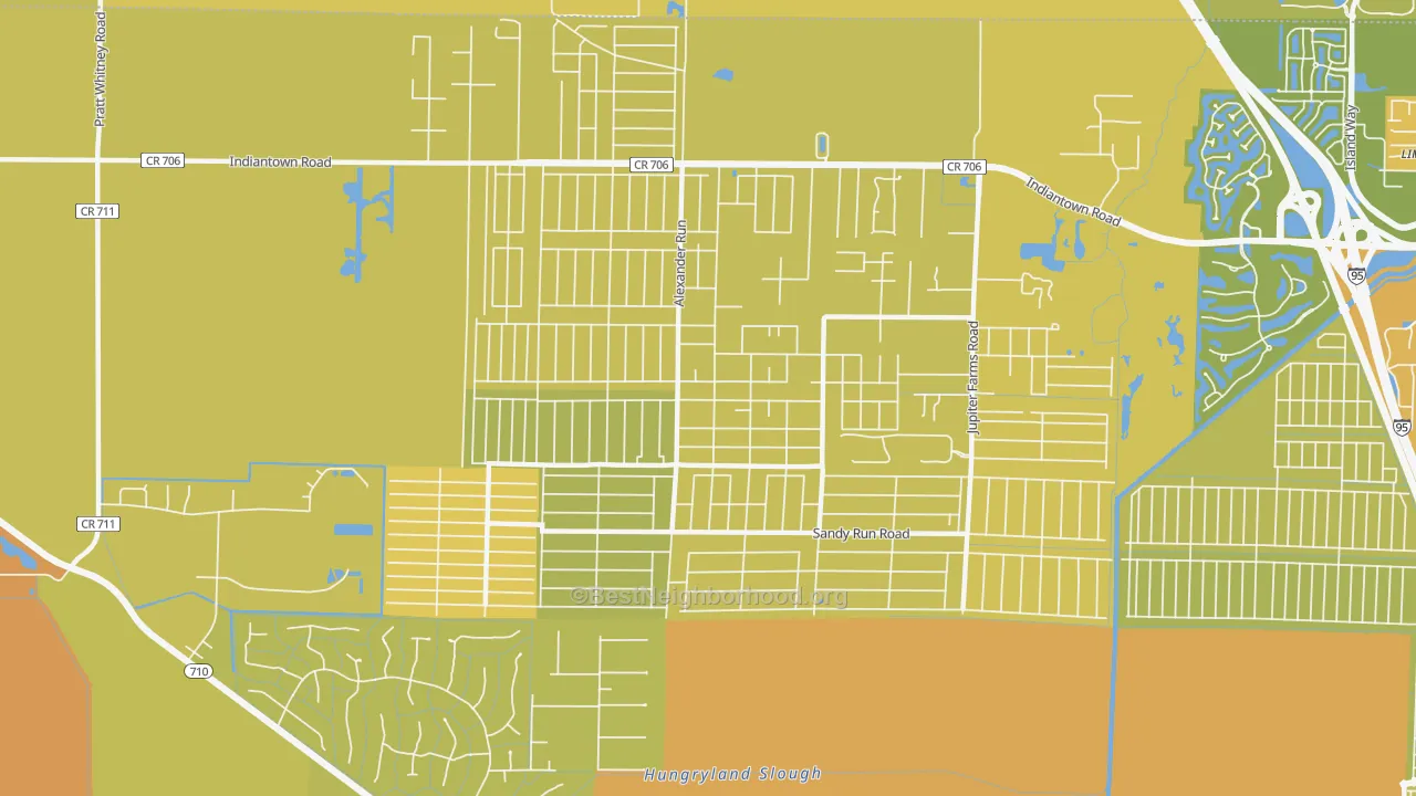 Map of the best neighborhoods in the Jupiter Farms area, with better matches in green and worse matches in red