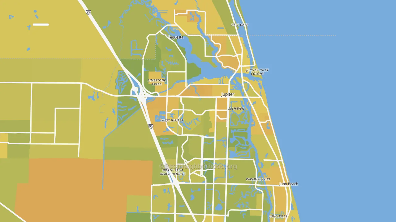 Map of the best neighborhoods in the Jupiter area, with better matches in green and worse matches in red
