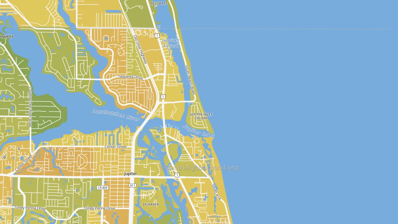 Map of the best neighborhoods in the Jupiter Inlet Colony area, with better matches in green and worse matches in red