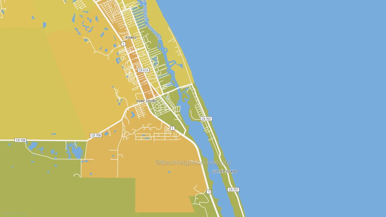 Map of the best neighborhoods in the Jupiter Island area, with better matches in green and worse matches in red