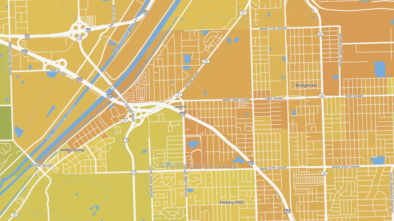 Map of the best neighborhoods in the Justice area, with better matches in green and worse matches in red