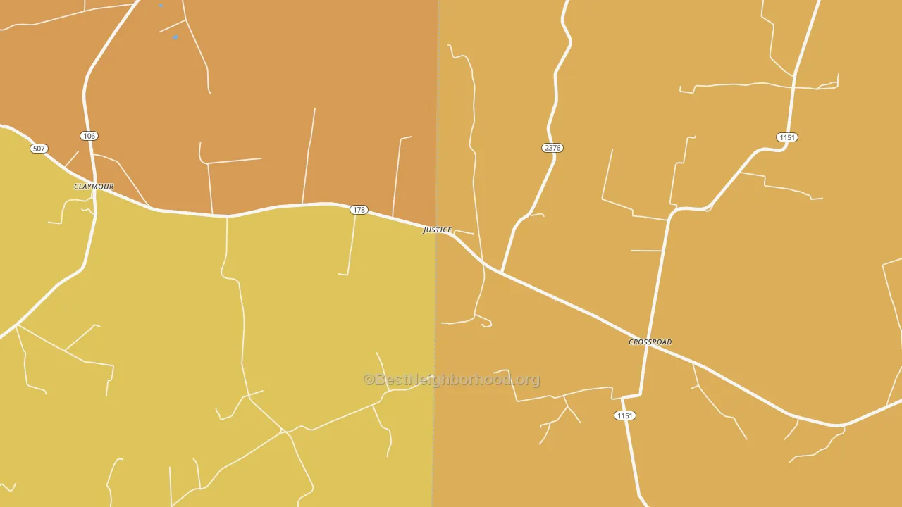 Map of the best neighborhoods in the Justice area, with better matches in green and worse matches in red