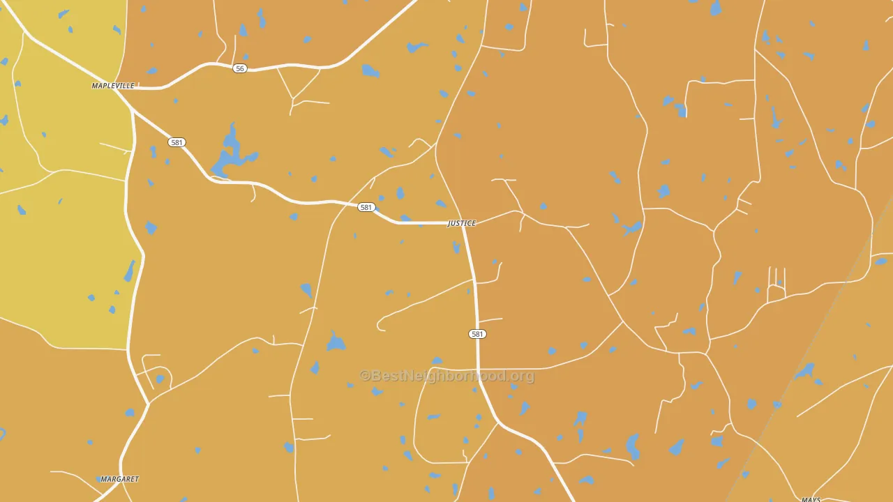 Map of the best neighborhoods in the Justice area, with better matches in green and worse matches in red