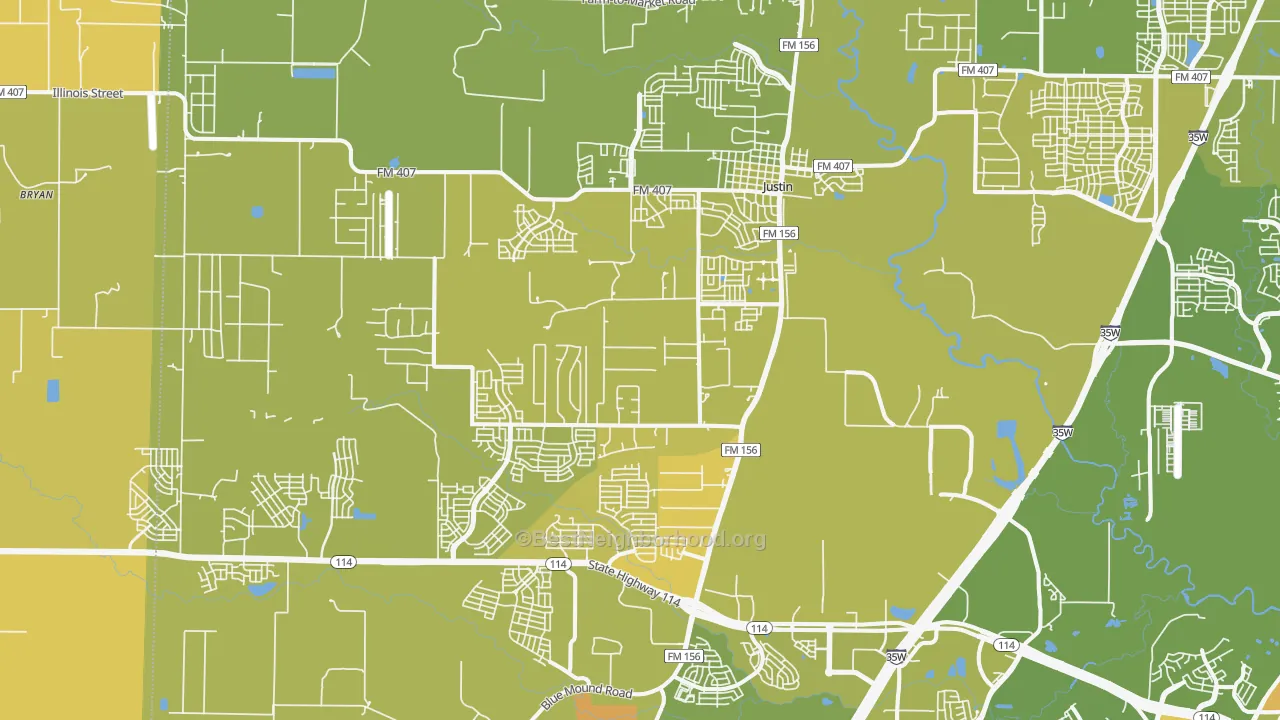 Map of the best neighborhoods in the Justin area, with better matches in green and worse matches in red