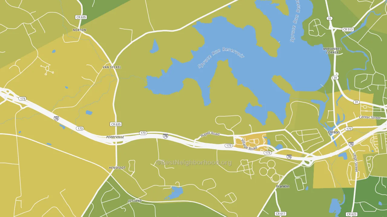 Map of the best neighborhoods in the Jutland area, with better matches in green and worse matches in red
