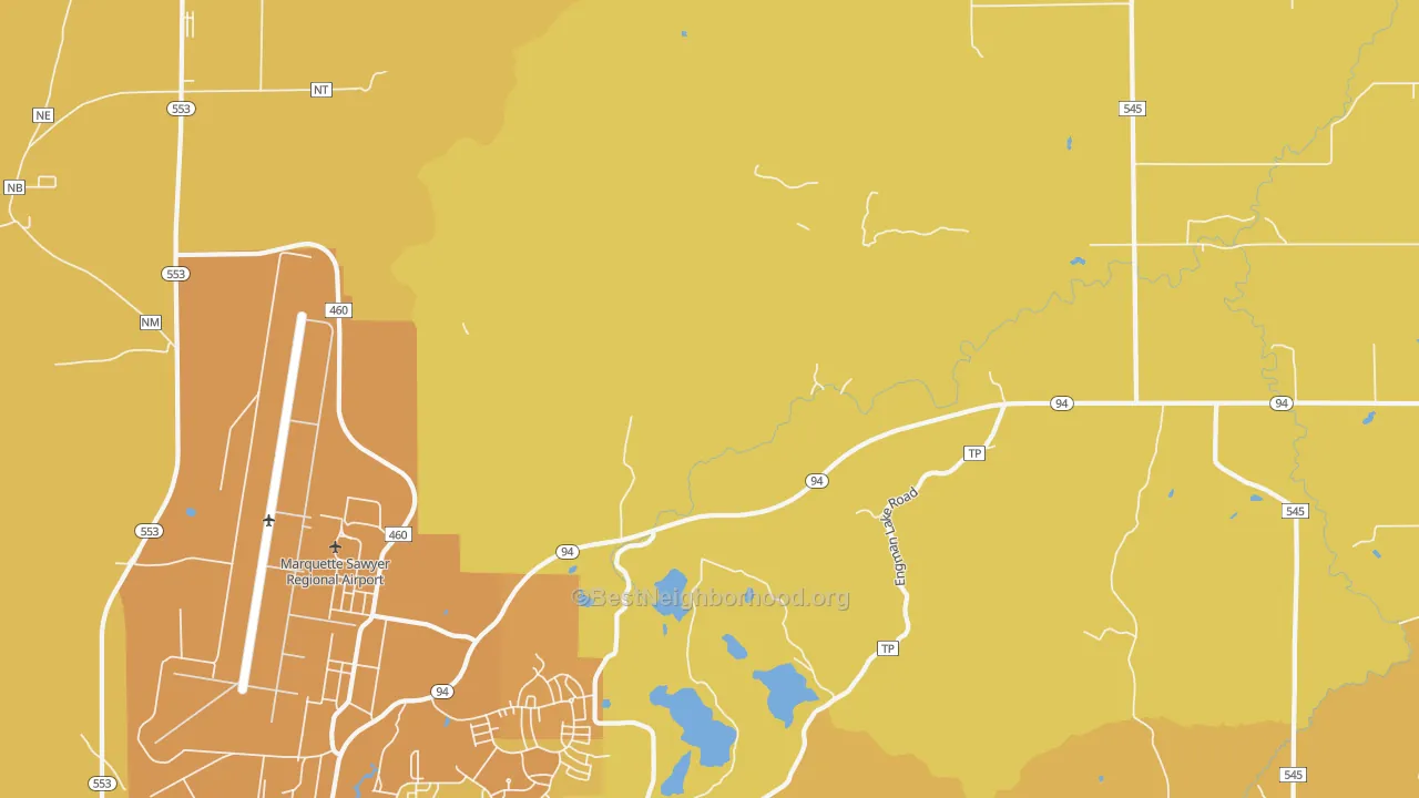 Map of the best neighborhoods in the K. I. Sawyer Air Force Base area, with better matches in green and worse matches in red