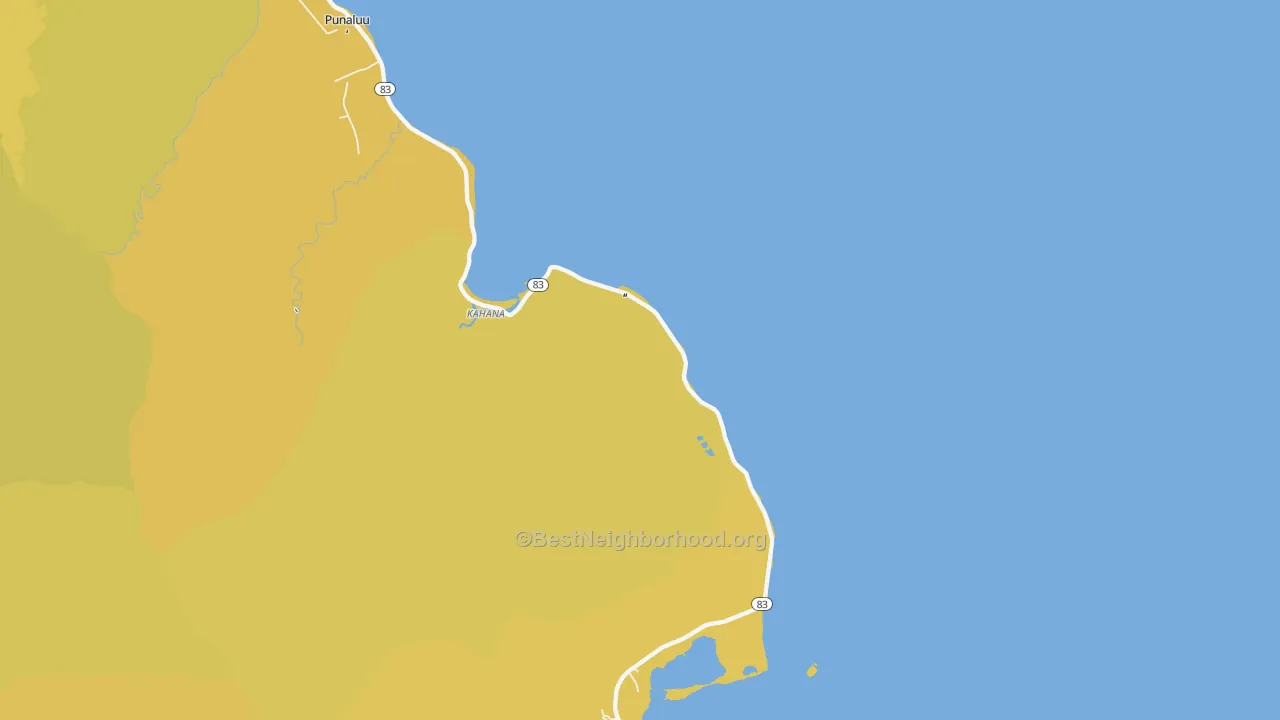 Map of the best neighborhoods in the Kaaawa area, with better matches in green and worse matches in red