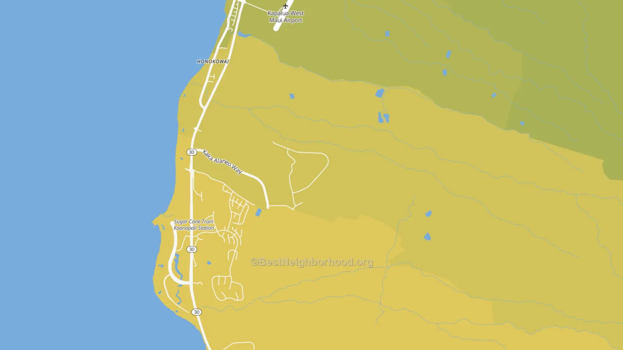 Map of the best neighborhoods in the Kaanapali area, with better matches in green and worse matches in red