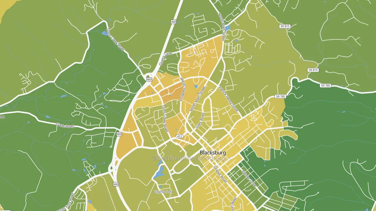 Map of the best neighborhoods in the Kabrich Crescent, Blacksburg area, with better matches in green and worse matches in red